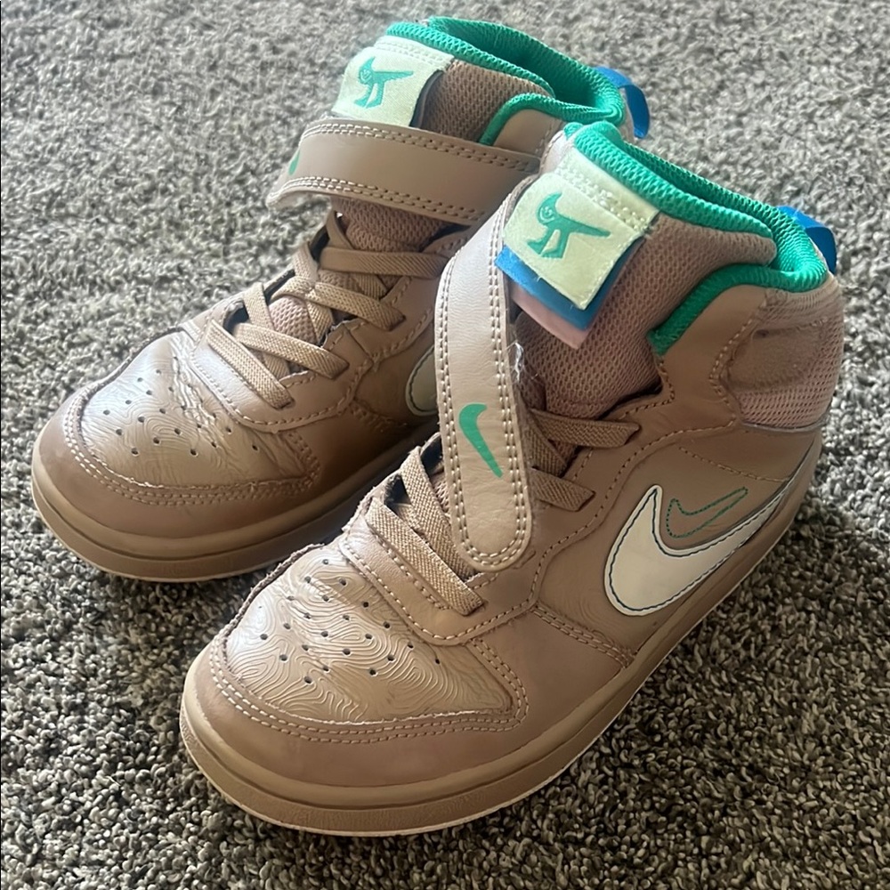 Nike Tan and Green High-Top Sneakers with Classic Design